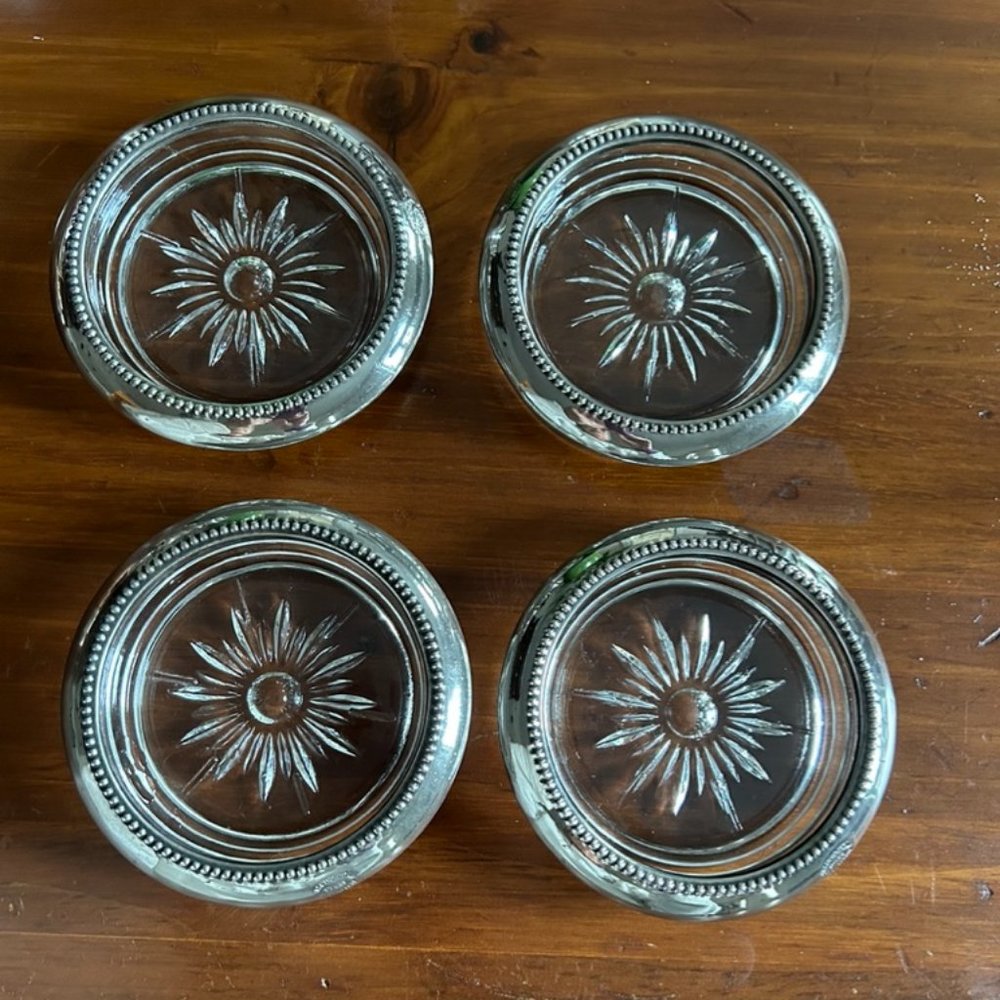 VTG W & S Blackinton Silverplate Cut Glass Coasters set of 4